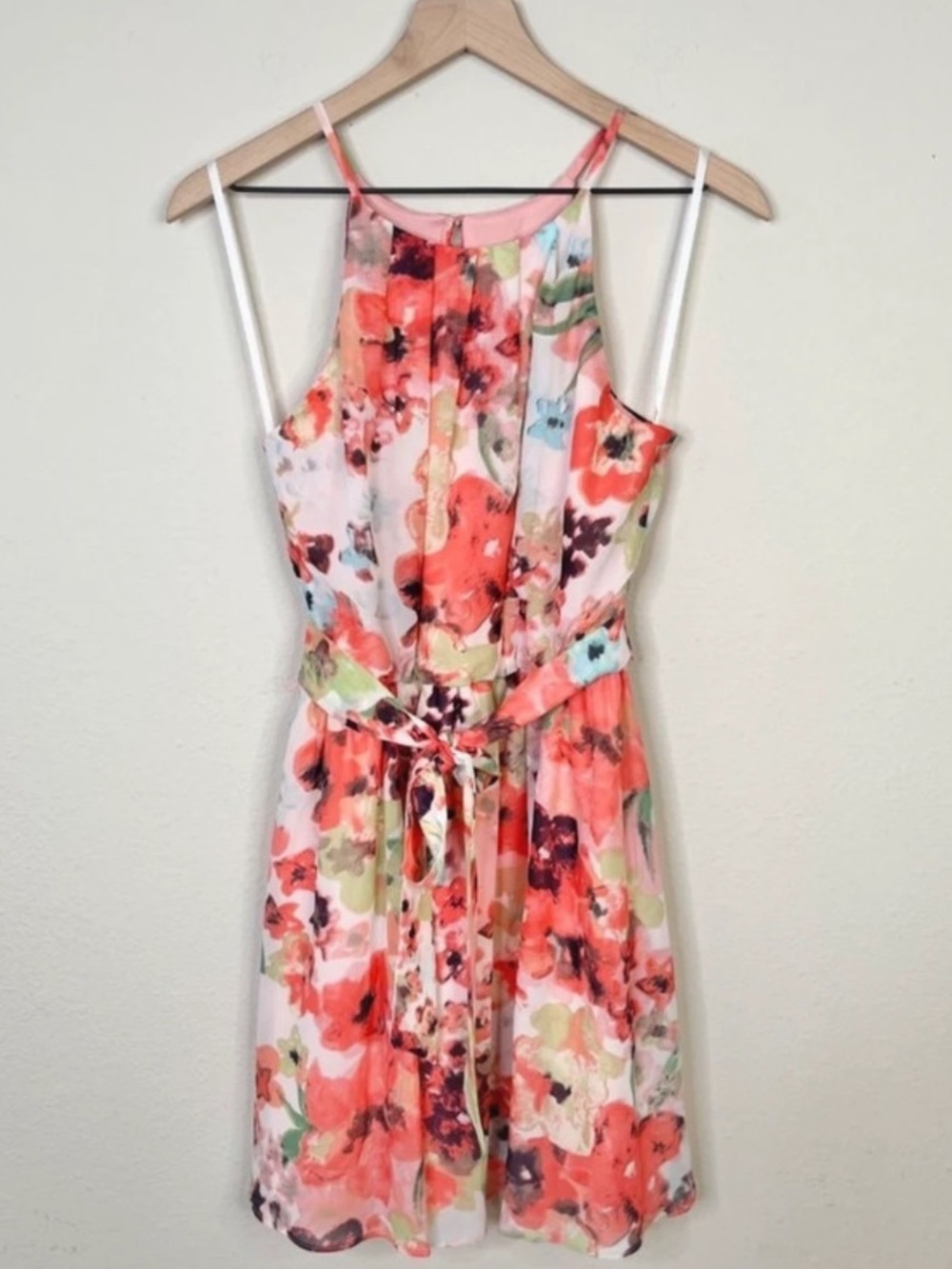 A. Byer Floral Halter Dress, floral print on a pleated chiffon fabric, size M